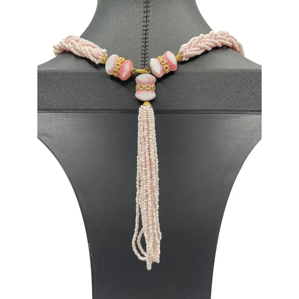 VTG Pink Seed Bead Milk‎ Glass Multi Strand Braided Tassel Necklace Earring Set